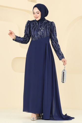 moda selvim Evening Dress 6625YG95 Navy Blue - Thumbnail