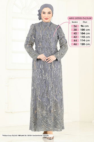 moda selvim فستان سهرة رمادي 6628YG95 - Thumbnail