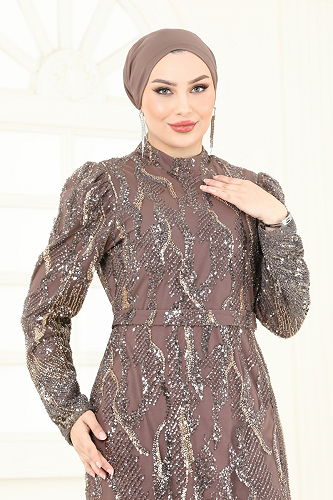 moda selvim فستان سهرة بيج وردي 6628YG95 - Thumbnail