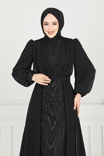 moda selvim فستان سهرة أسود 6630YG95 - Thumbnail