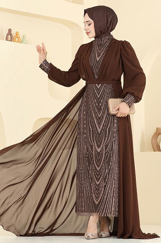 moda selvim Evening Dress 6630YG95 Brown - Thumbnail