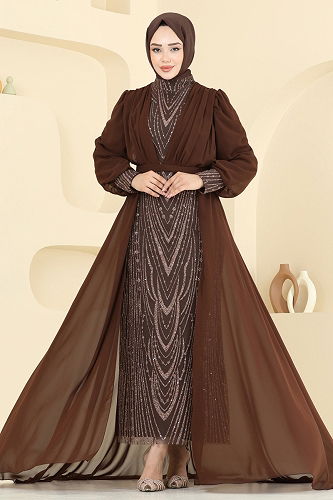 moda selvim Evening Dress 6630YG95 Brown - Thumbnail