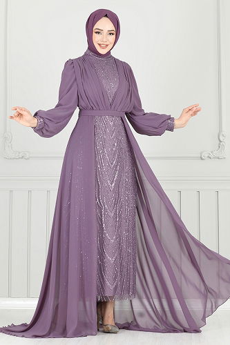 moda selvim Evening Dress 6630YG95 Dark Lilac - Thumbnail