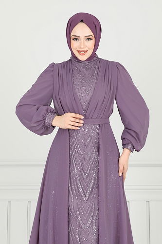 moda selvim فستان سهرة ليلكي غامق 6630YG95 - Thumbnail