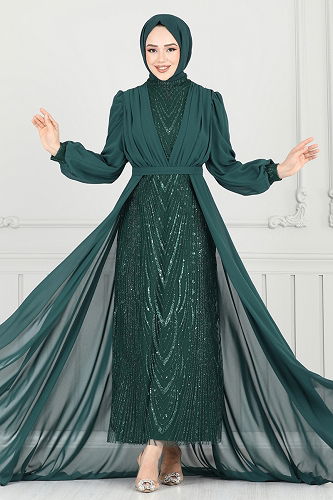 moda selvim فستان سهرة زيتي 6630YG95 - Thumbnail