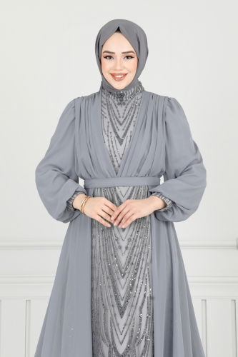 moda selvim Evening Dress 6630YG95 Gray - Thumbnail