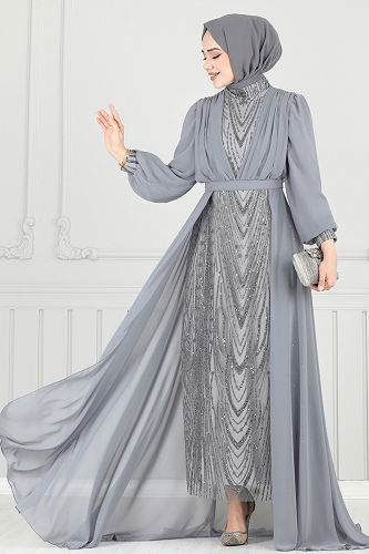 moda selvim فستان سهرة رمادي 6630YG95 - Thumbnail