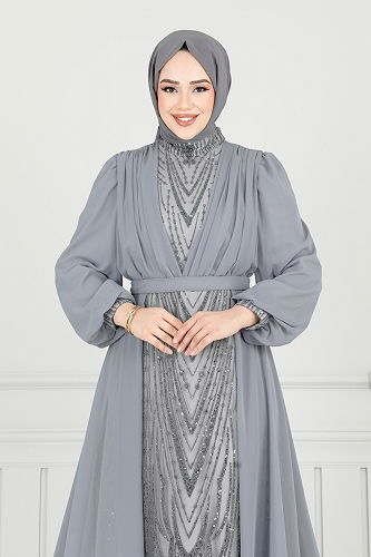 moda selvim فستان سهرة رمادي 6630YG95 - Thumbnail