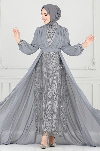 moda selvim فستان سهرة رمادي 6630YG95 - Thumbnail
