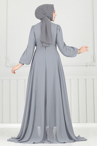 moda selvim فستان سهرة رمادي 6630YG95 - Thumbnail