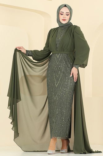 moda selvim Evening Dress 6630YG95 Khaki - Thumbnail