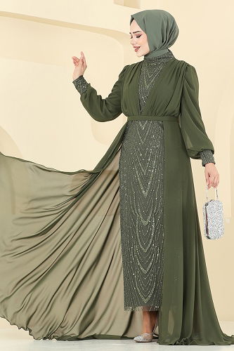 moda selvim فستان سهرة اخضر عفني 6630YG95 - Thumbnail