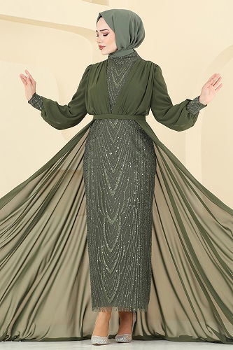 moda selvim فستان سهرة اخضر عفني 6630YG95 - Thumbnail