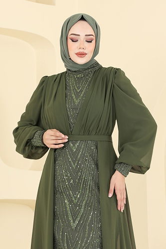 moda selvim فستان سهرة اخضر عفني 6630YG95 - Thumbnail