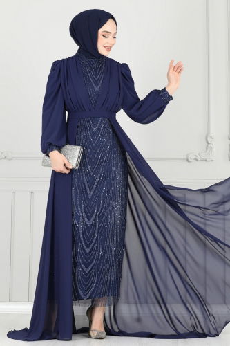 moda selvim Evening Dress 6630YG95 Navy Blue - Thumbnail