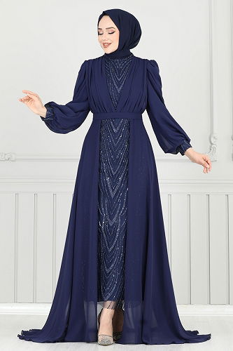 moda selvim Evening Dress 6630YG95 Navy Blue - Thumbnail