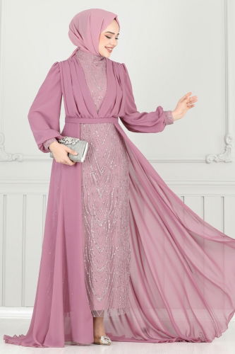 moda selvim فستان سهرة وردي 6630YG95 - Thumbnail