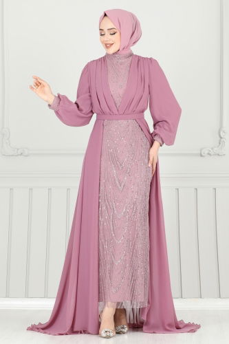 moda selvim فستان سهرة وردي 6630YG95 - Thumbnail