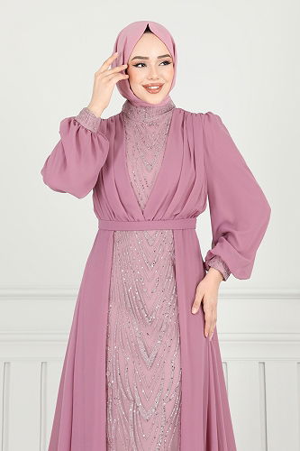 moda selvim فستان سهرة وردي 6630YG95 - Thumbnail