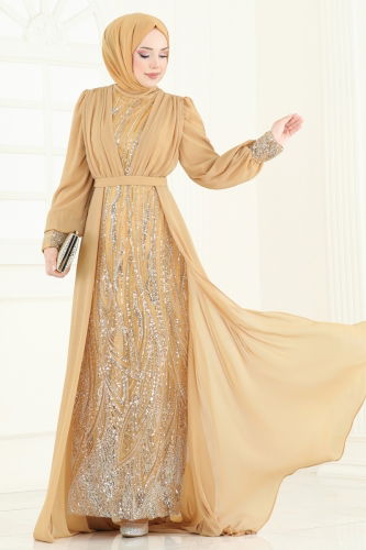 moda selvim فستان سهرة ذهبي 6631YG95 - Thumbnail