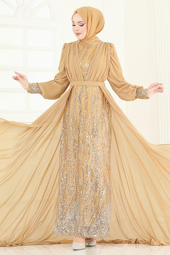 moda selvim فستان سهرة ذهبي 6631YG95 - Thumbnail