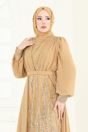 moda selvim فستان سهرة ذهبي 6631YG95 - Thumbnail