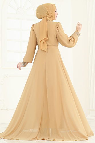 moda selvim فستان سهرة ذهبي 6631YG95 - Thumbnail
