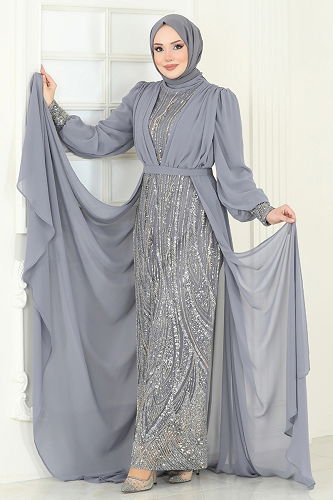 moda selvim فستان سهرة رمادي 6631YG95 - Thumbnail