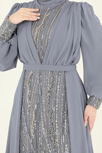 moda selvim فستان سهرة رمادي 6631YG95 - Thumbnail