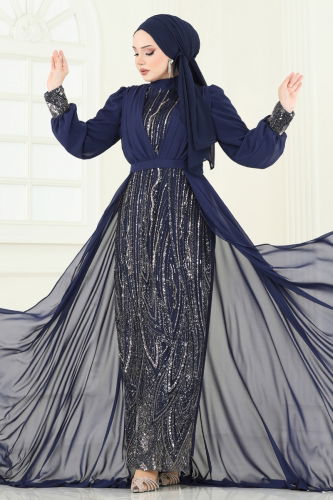 moda selvim Evening Dress 6631YG95 Navy Blue - Thumbnail