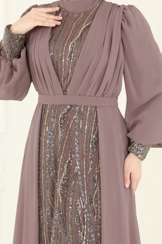 moda selvim فستان سهرة بيج وردي 6631YG95 - Thumbnail