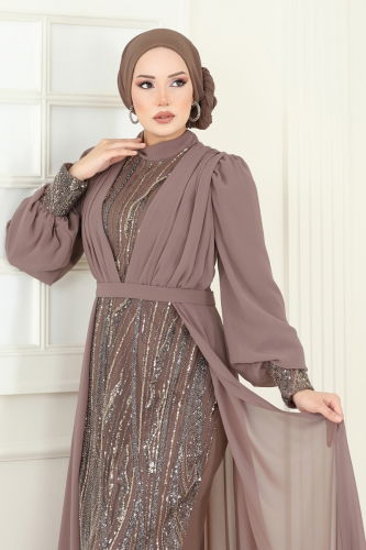 moda selvim فستان سهرة بيج وردي 6631YG95 - Thumbnail