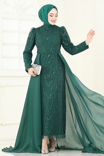 moda selvim فستان سهرة زيتي 6632YG95 - Thumbnail