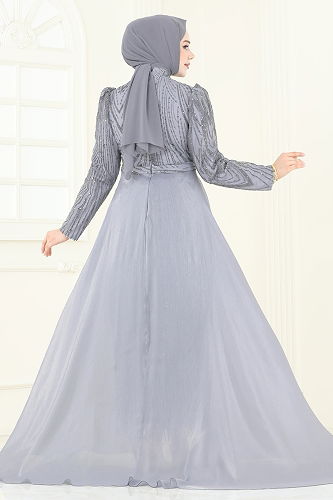 moda selvim فستان سهرة رمادي 6632YG95 - Thumbnail