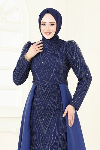 moda selvim Evening Dress 6632YG95 Navy Blue - Thumbnail