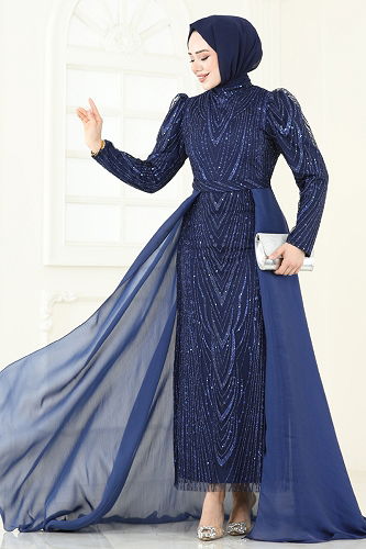 moda selvim فستان سهرة كحلي 6632YG95 - Thumbnail