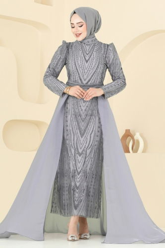 moda selvim Evening Dress 6632YG95 Silver - Thumbnail