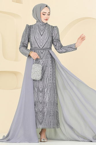 moda selvim Evening Dress 6632YG95 Silver - Thumbnail