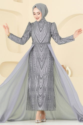moda selvim Evening Dress 6632YG95 Silver - Thumbnail