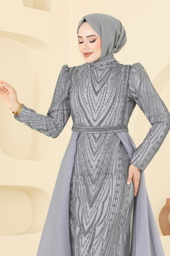moda selvim فستان سهرة فضي 6632YG95 - Thumbnail