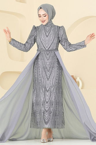 moda selvim فستان سهرة فضي 6632YG95 - Thumbnail