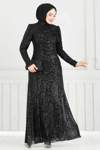 moda selvim فستان سهرة أسود 6639YG95 - Thumbnail