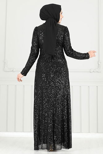 moda selvim فستان سهرة أسود 6639YG95 - Thumbnail