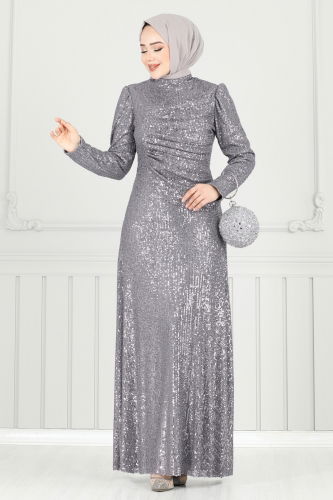 moda selvim فستان سهرة رمادي 6639YG95 - Thumbnail