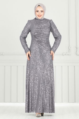 moda selvim فستان سهرة رمادي 6639YG95 - Thumbnail