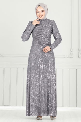 moda selvim فستان سهرة رمادي 6639YG95 - Thumbnail