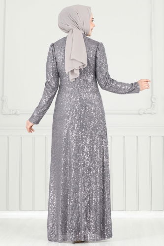 moda selvim فستان سهرة رمادي 6639YG95 - Thumbnail