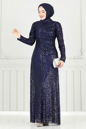 moda selvim Evening Dress 6639YG95 Navy Blue - Thumbnail