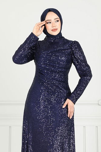 moda selvim فستان سهرة كحلي 6639YG95 - Thumbnail