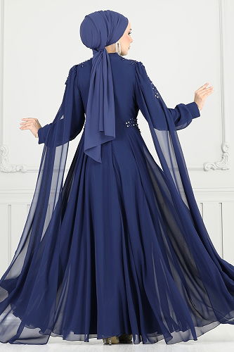 moda selvim Evening Dress 6640YG95 Navy Blue - Thumbnail
